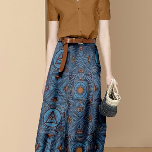 Short Sleeve Solid Color Blouse and Print Midi Skirts Set - Picture 4 of 6